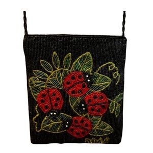 Ermo Collection Vintage Beaded Purse Crossbody Bag Ladybug Red Black